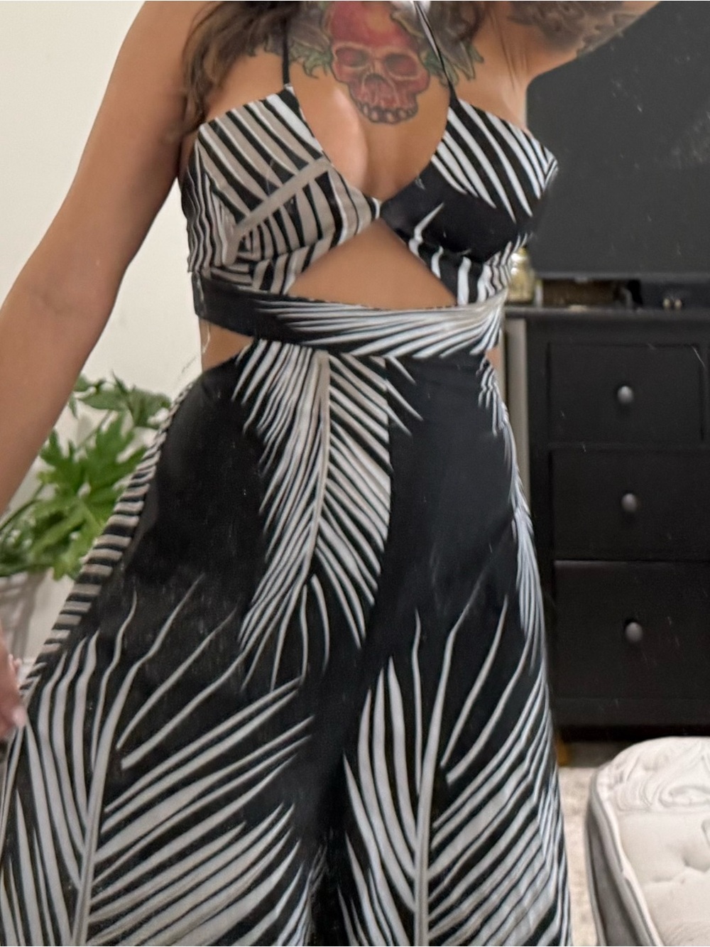 Black & White Wide Leg Jumpsuit with Palm Print